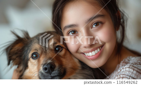 A woman rubbing her cheek against a dog 116549262