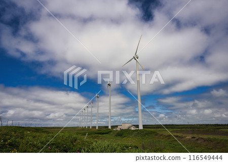 Wind power plant along the Ororon Line in Hokkaido 116549444