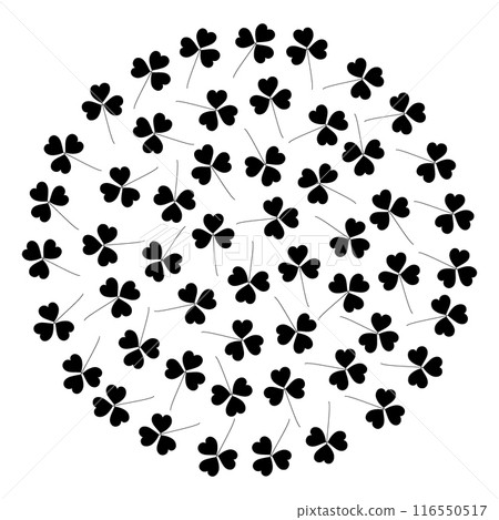 Outline Shamrocks in a shape of circle. Round monochrome background Texture. Isolated on transparent 116550517