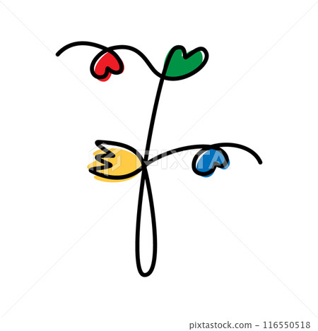 Hand drawn number 7 with flower and hearts Decorative one continuous line design concept. Line Art 116550518