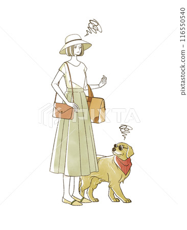 A woman with a troubled expression and her dog traveling in the summer 116550540