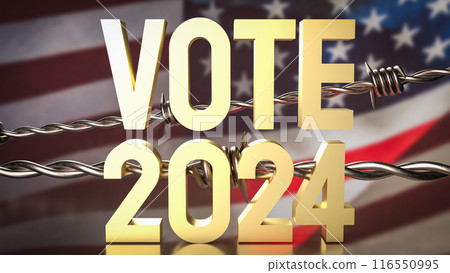 The gold text on flag for United States presidential election concept 3d rendering. 116550995