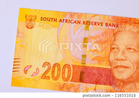 Nelson Rolihlahla Mandela, South African currency is 200 rand banknotes issued by National Bank of South Africa are in circulation. front view 116551018