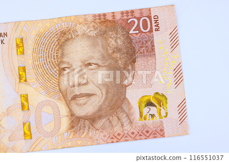 Portrait of Nelson Rolihlahla Mandela is from South Africa there are 20 Rand notes issued by National Bank of South Africa. front view 116551037
