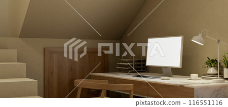 A cozy home workspace under the staircase, a computer mockup and decorative objects on a table. A cozy home workspace under the staircase, a computer mockup and decorative objects on a table. 116551116