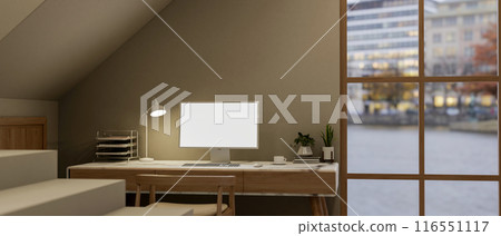 A cozy home workspace under the staircase, a computer mockup and decorative objects on a table. A cozy home workspace under the staircase, a computer mockup and decorative objects on a table. 116551117