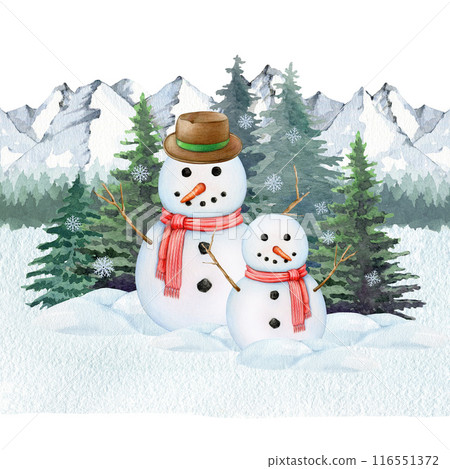 Funny snowman couple on snowy ground with fir trees. Painted vintage style illustration. Hand drawn smiling two snowman in winter forest scene. Traditional winter snow decoration. White background 116551372