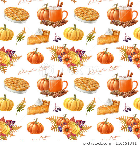 Thanksgiving traditional food, drink and flower decor seamless pattern. Painted illustration. Autumn mood seamless pattern in warm colors. Hand drawn pumpkin, apple pie, caramel latte, floral elements 116551381