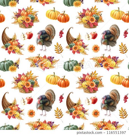 Thanksgiving decor element bright seamless pattern. Watercolor vintage style illustration. Traditional Thanksgiving decoration, pumpkins, turkey bird. Warm autumn colors seamless pattern design 116551397