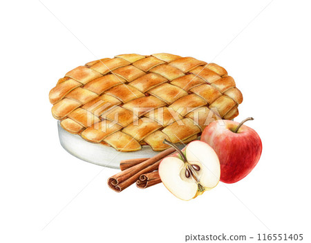 Apple pie whole piece with fruit and cinnamon pile. Painted vintage style illustration. Hand drawn baked traditional dessert. Tasty apple pie on white background 116551405