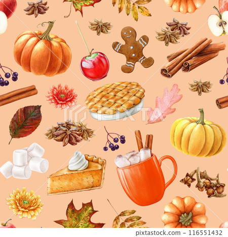 Autumn delights seamless pattern. Painted illustration. Hand drawn apple pie, pumpkin, caramel apple, marshmallow, latte drink elements. Fall season warm delights seamless pattern Autumn delights seamless pattern. Painted illustration. Hand drawn apple pie, pumpkin, caramel apple, marshmallow, latte drink elements. Fall season warm delights seamless pattern 116551432