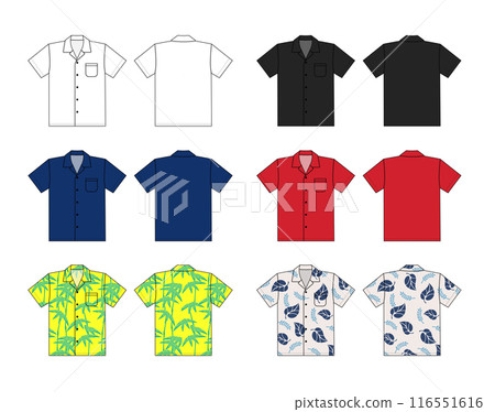 短袖阿羅哈襯衫/夏威夷襯衫向量模板插圖集 116551616