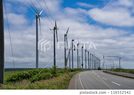 Wind power plant along the Ororon Line in Hokkaido 116552542