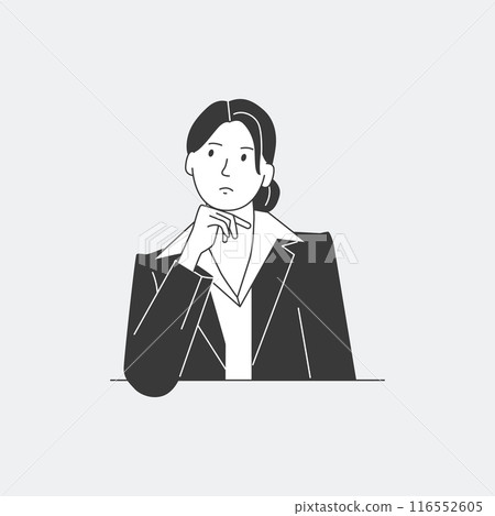 Professional business woman illustration thinking in business suit with hair tied career switch envy unhappy busy stressed out simple drawing Professional business woman illustration thinking in business suit with hair tied career switch envy unhappy busy stressed out simple drawing 116552605