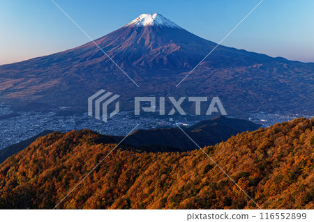 View of autumn foliage ridges and Mt. Fuji in the morning from Mitsutoge Pass 116552899