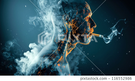 A man smokes a cigarette with x-ray lungs showing damage. The concept emphasizes No Smoking Day, highlighting the health risks of smoking. Generative AI. 116552986