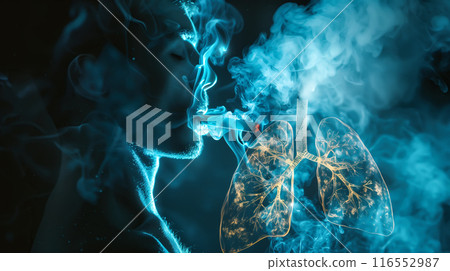 A man smokes a cigarette with x-ray lungs showing damage. The concept emphasizes No Smoking Day, highlighting the health risks of smoking. Generative AI. 116552987