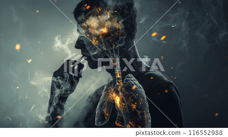 A man smokes a cigarette with x-ray lungs showing damage. The concept emphasizes No Smoking Day, highlighting the health risks of smoking. Generative AI. 116552988
