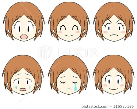 各種表情的棕色頭髮短髮女性插圖集 116553186
