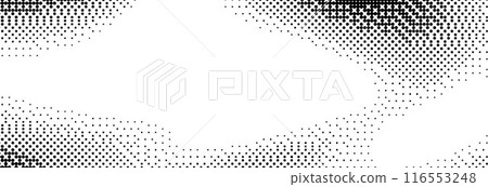 Pixelated bitmap gradient texture. Black and white dither spots background. 8 bit video game screen wallpaper. Retro glitchy pixel art illustration. Abstract vector wavy dithering border 116553248