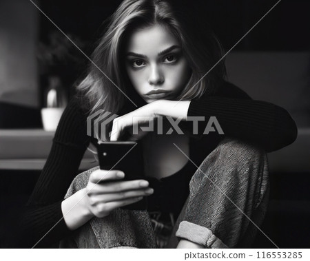 A woman operating a smartphone 116553285