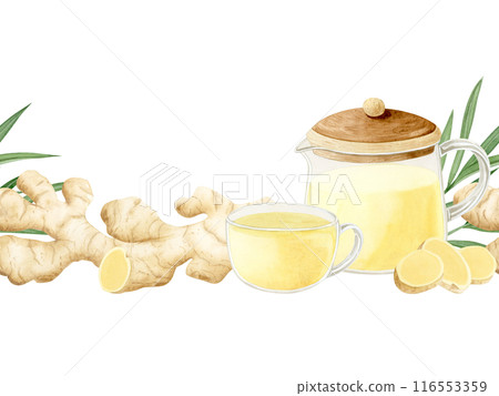 Ginger herbal tea in glass teapot and cup watercolor seamless border isolated on white background. Hand drawn organic hot beverage for traditional healthy recipes and cafe menu Ginger herbal tea in glass teapot and cup watercolor seamless border isolated on white background. Hand drawn organic hot beverage for traditional healthy recipes and cafe menu 116553359