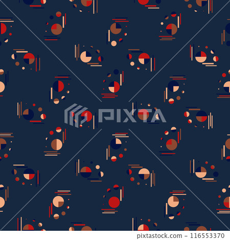 Abstract art artistic textile geo seamless pattern. Modern Retro Playful Print. Organic stripes and geo Shapes. 116553370