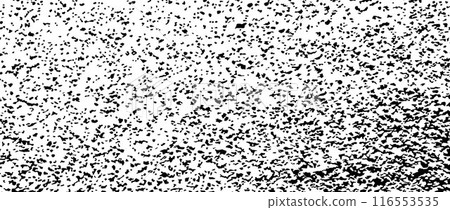 Black gritty gravel texture. Grunge grain overlay background. Distressed noise surface with dust, sand, particles, specks, speckles. Rough dirty granule backdrop. Vector wallpaper  116553535