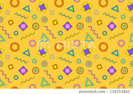 A vibrant Memphis style cartoon pattern featuring colorful geometric shapes. Perfect for retro, trendy, and playful design projects. 116553862