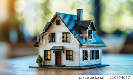 放置在木桌上的新房屋的微型模型。 116554077