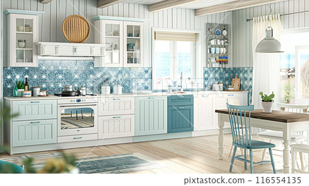 White modern kitchen in a beautiful coastal cottage. High quality photo 116554135