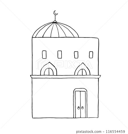 Arabic two story house with door, window and dome line vector illustration. Simple black and white Middle East double decker building in Jordan, Egypt, Emirates, Saudi Arabia or Morocco 116554459
