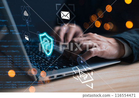 Businessmen protect personal data information from viruses on a laptop with virtual screen interfaces. Cyber security and privacy protection network security computer and safe data concept. Businessmen protect personal data information from viruses on a laptop with virtual screen interfaces. Cyber security and privacy protection network security computer and safe data concept. 116554471