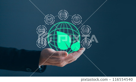 human are raising the planet to save energy,and reduce global warming,idea for environment conscious business,carbon credit,reducing greenhouse gas emissions,ESG for Environment Social and Governance 116554540