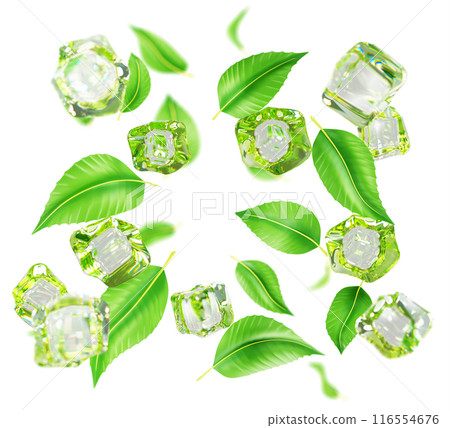 3d water ice cubes with green mint leaves falling and flying in air render. Transparent frozen square block for menthol mojito drink, cold tea with peppermint leaf on white background. 3D illustration 116554676