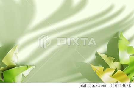 3d green background with tropical leaves and palm leaf shadow on wall render. Nature summer advertising banner frame with exotic plant branches, empty space for product presentation. 3D illustration 116554688