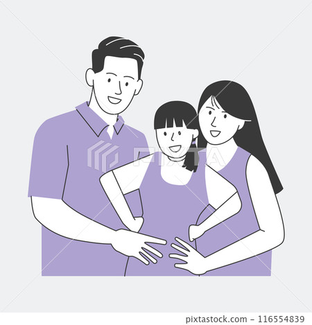 Family of three happy smiling daughter with mother and father posing portrait illustration simple line drawing Family of three happy smiling daughter with mother and father posing portrait illustration simple line drawing 116554839