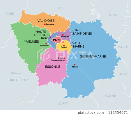 Ile-de-France, departments and prefectures of the Paris Region, multi colored political map. Most populous region of France, centered on the capital Paris, located in the countries north-central part. 116554971