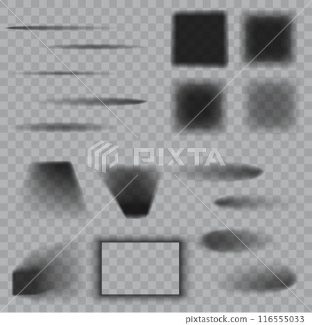 Various black shadows and gradients, different shapes, on transparent background. Vector 116555033