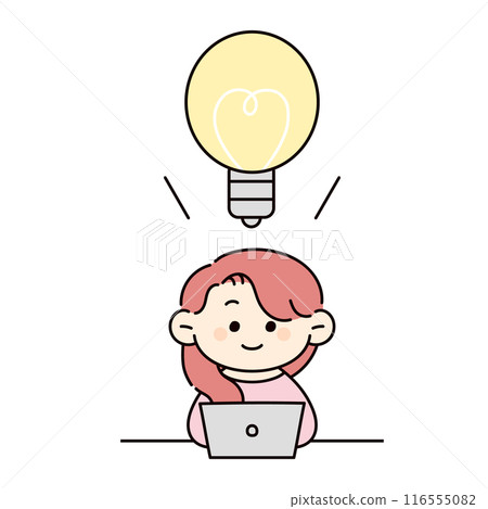 Illustration of a person having an idea while working on a computer 116555082