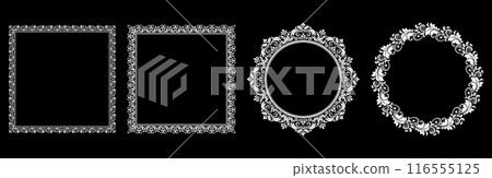 Set of decorative frames Elegant vector element for design in Eastern style, place for text. Floral black and white borders. Lace illustration for invitations and greeting cards. 116555125