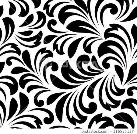 Flower pattern. Seamless white and black ornament. Graphic vector background. Ornament for fabric, wallpaper, packaging. Flower pattern. Seamless white and black ornament. Graphic vector background. Ornament for fabric, wallpaper, packaging. 116555137