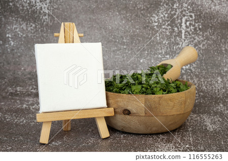 Fresh dried greenery parsley adaptogens ingredient with empty white copy space template mockup. Herbal medicine healthy eating. Superfood prebiotic food. Sustainable homegrown organic Fresh dried greenery parsley adaptogens ingredient with empty white copy space template mockup. Herbal medicine healthy eating. Superfood prebiotic food. Sustainable homegrown organic 116555263