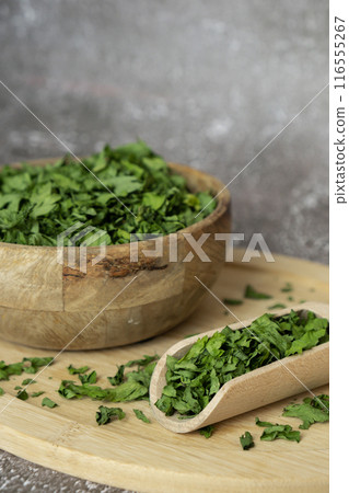 Fresh dried greenery parsley adaptogens ingredient. Herbal medicine healthy eating. Superfood prebiotic food. Sustainable homegrown organic 116555267