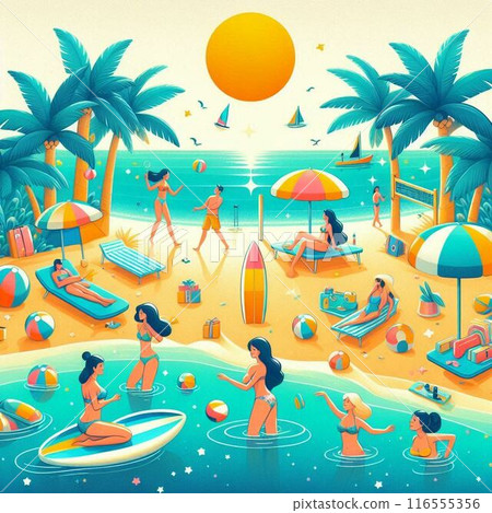 A vector illustration of a summer landscape with a large number of people swimming in the sea in summer A vector illustration of a summer landscape with a large number of people swimming in the sea in summer 116555356