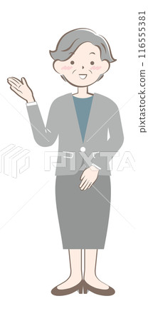 Senior woman in a suit giving directions, full body Senior woman in a suit giving directions, full body 116555381