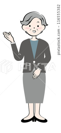 Senior woman in a suit giving directions, full body Senior woman in a suit giving directions, full body 116555382