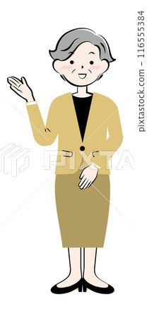 Senior woman in a suit giving directions, full body Senior woman in a suit giving directions, full body 116555384