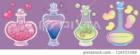 Magic potion bottles set isolated on background Magic potion bottles set isolated on background 116555389