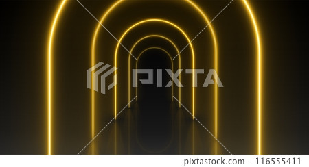 Black stage or corridor with neon yellow arch. 116555411